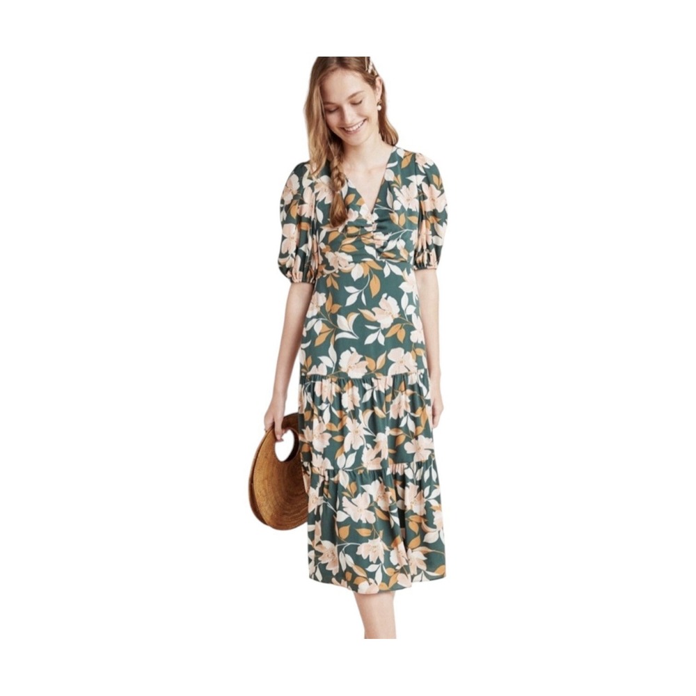Gal Meets Glam Dress Size 6 Green Tiered Midi Tegan Floral Puff Sleeve Prairie